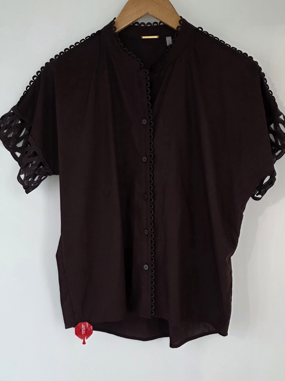 Elie Tahari Chocolate Brown Button-Front Blouse w/Scalloped Lace Trim Size Small